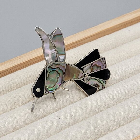 Vintage Mexican Abalone & Onyx Alpaca Silver Hummingbird Brooch Pin - Picture 3 of 7